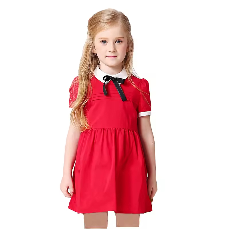 2024 Beby Red Princess Dress for Children Casual Summer Mini Dress With Short Sleeves Cotton Fabric and Bow Decoration