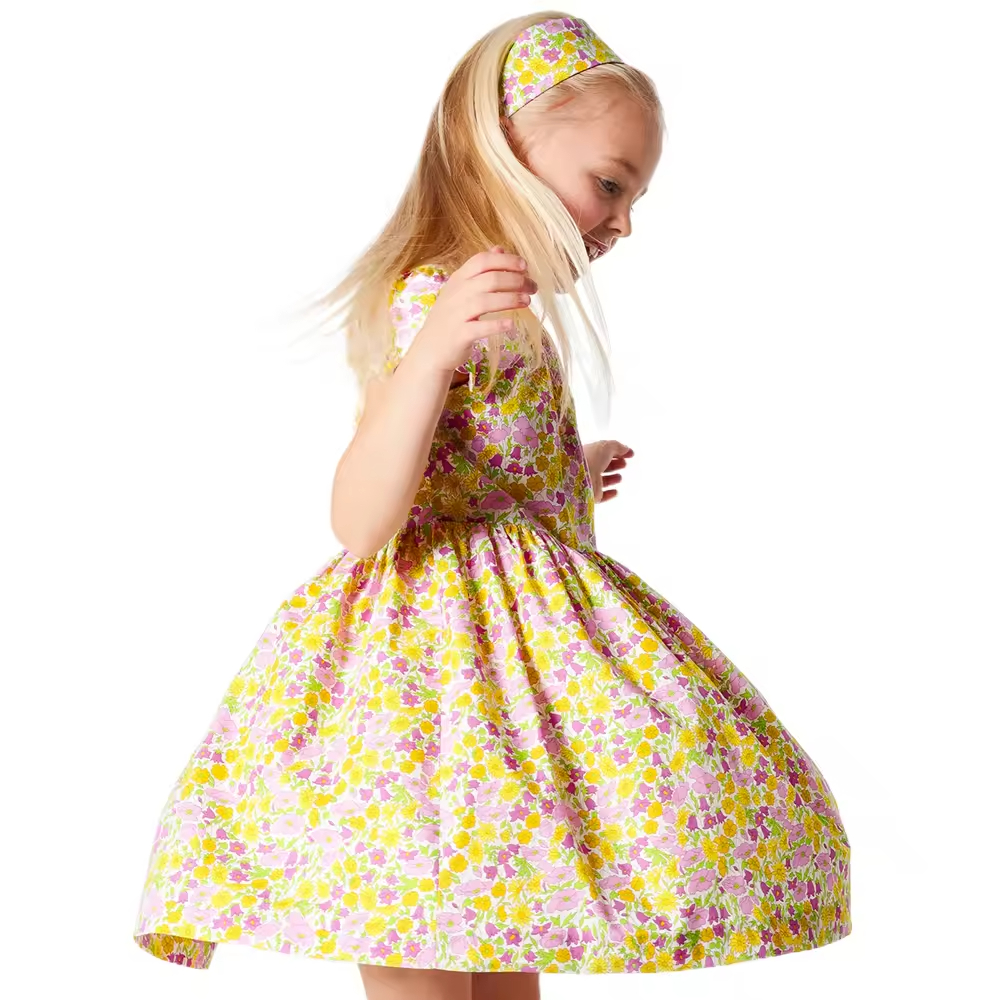 2025 Summer Floral Print Dresses for Girls OEM ODM Short Sleeve Design Woven Fabric for Children Age 1 to 12 Pleat Decoration