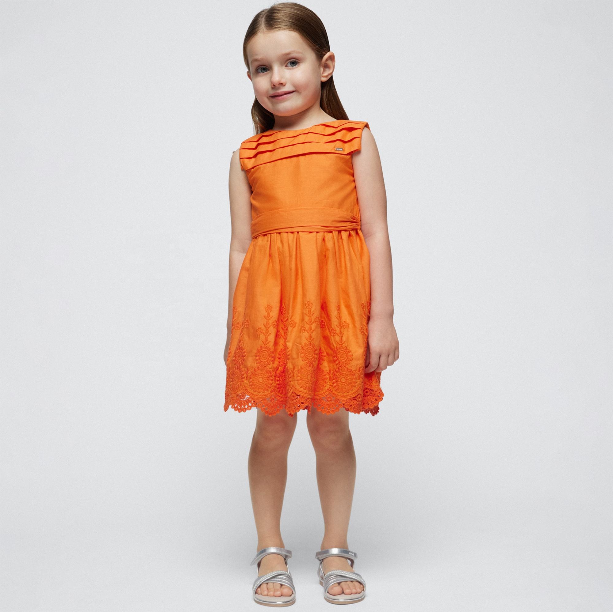 Guangzhou Custom Orange Cotton and Linen Children Girls Dress With Flower Lace Edge Wholesale Toddler Baby Girl Skirt Factory