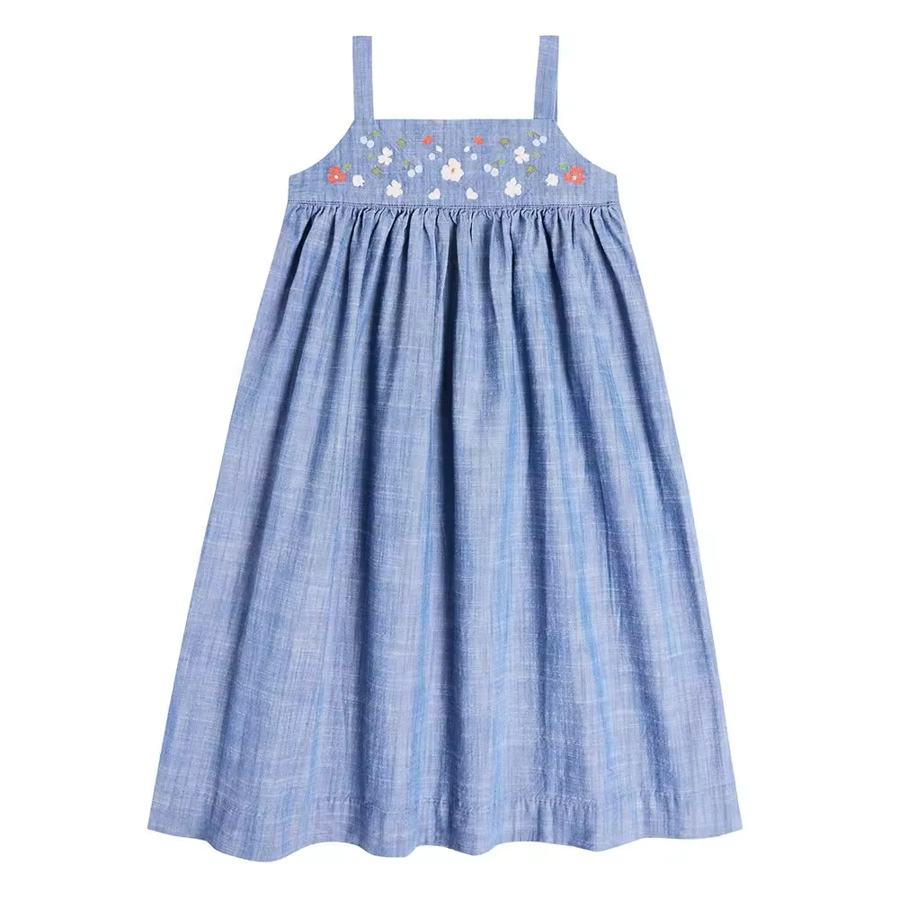 Custom 2024 Hot Sell Denim Children Girls Strap Dress With Hand Embroidery Organic Cotton Toddler Baby Skirt Factory