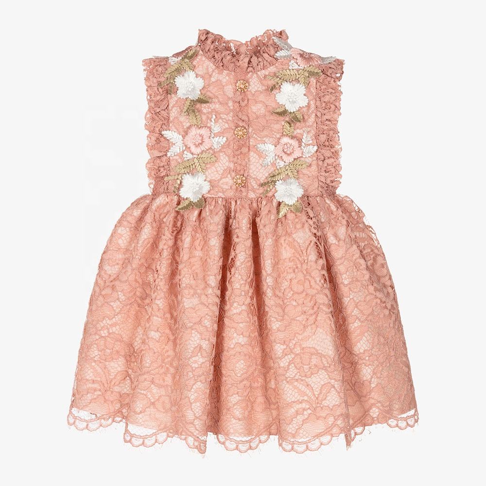 Custom 2024 Latest Style pink Eyelet Lace Children Girls Dresses With Hand Embroidery Flower Toddler Baby Princess Girl Dress