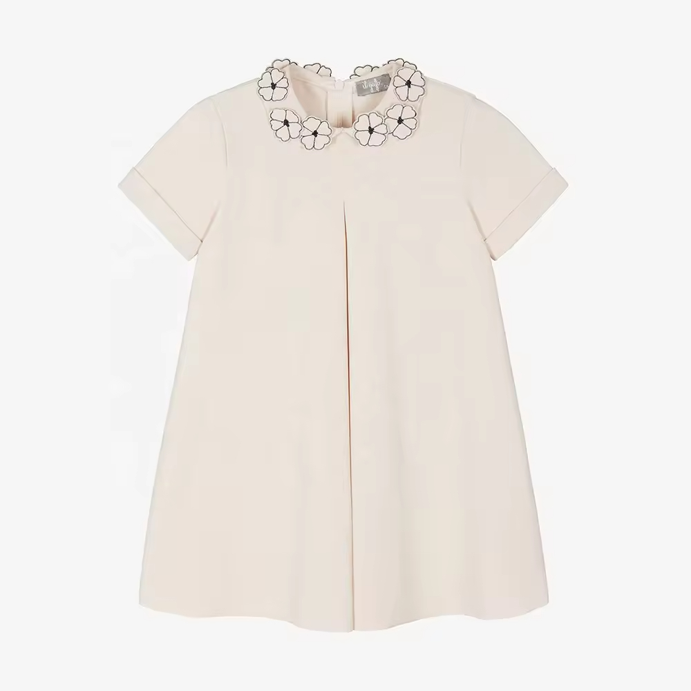 Custom 2024 New Arrival Cotton White Children Girls Dresses With Flower Peter Pan Collar Boutique Toddler Baby Kids Girl Dress