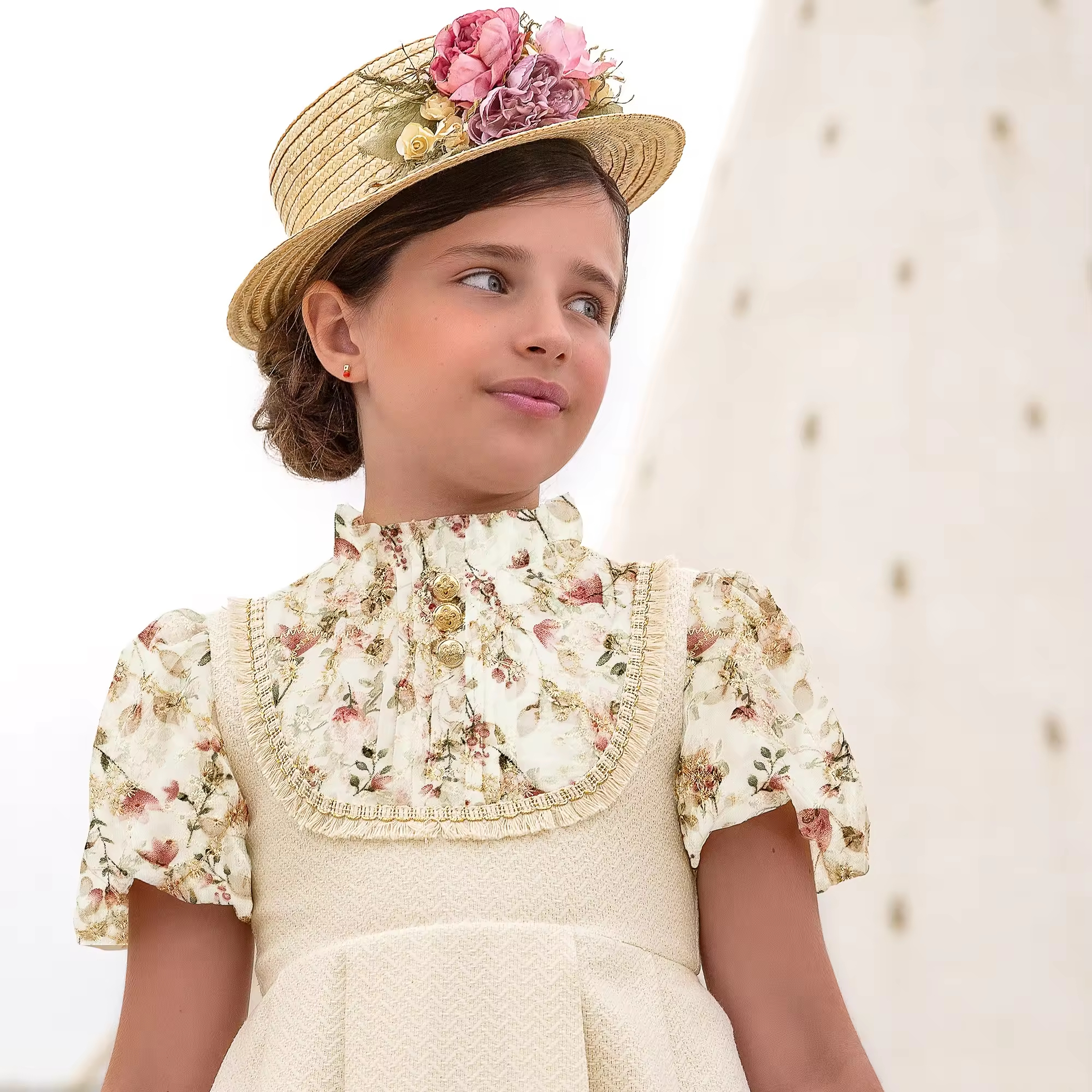 Custom High Quality White Children Girls Dresses Suspender Skirt With Flower Printed Spanish Style Kids Clothing Factory