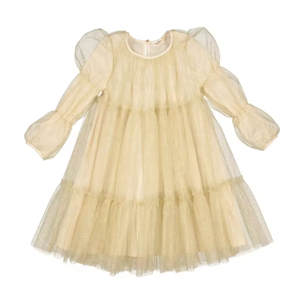 Custom Spring Gold Lace Long Sleeve Tulle Boutique Girls Birthday Party Dresses Toddler Kids Clothing Children Outfit 2-12 Y