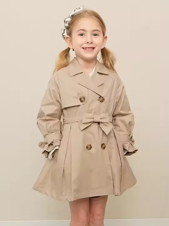 OEM High Quality Brown Button Girls Coat New Arrival Kids Trench Coat Casual Style Outerwear Custom Children's Wear Factory