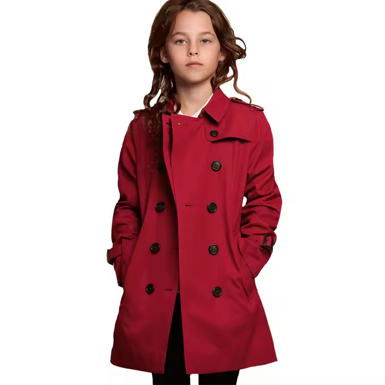 Autumn Winter New Design Girls Long Trench Coat Beautiful Red Color Long Fashion Coat with Printed Technics