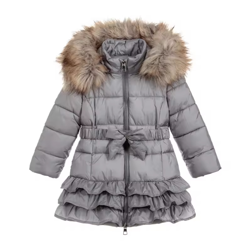 Best-selling Europe America Girls Casual Long Coat with Zipper Closure Detachable Collar Ruffled Hem Trims Perfect Outerwear