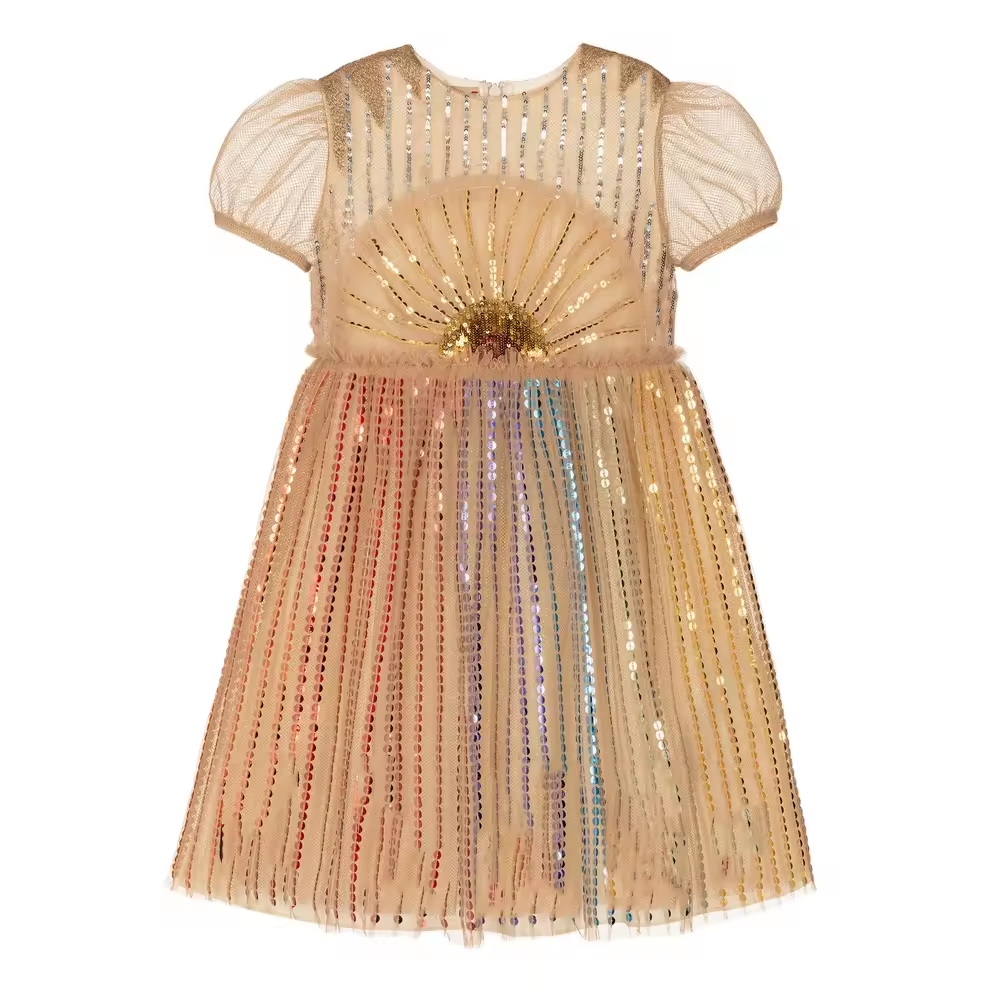 Latest Fashion Kids Casual Dresses Sequin Tulle Fabric with Beading Knee-Length ODM Supply Summer Style China Wholesale
