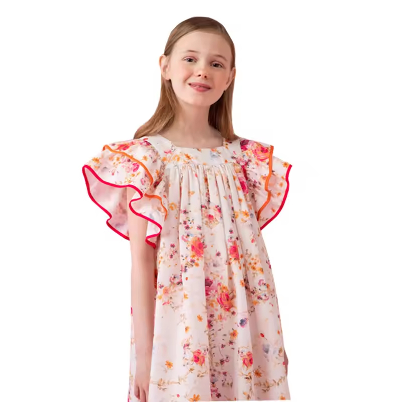 Clothing Manufacturers Custom Kids Clothing Girls Casual Floral Dresses Ruffle Cuffs Summer Dresses for Girls