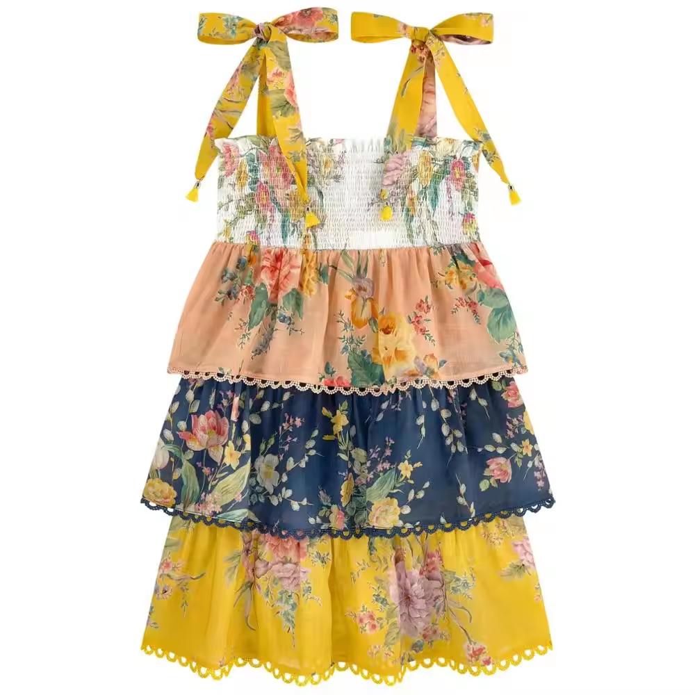 Boutique Tiered Floral Print Cotton Dress for Girls Halter Design Pinafore Nets Layer Dress with Age Appropriate Decoration