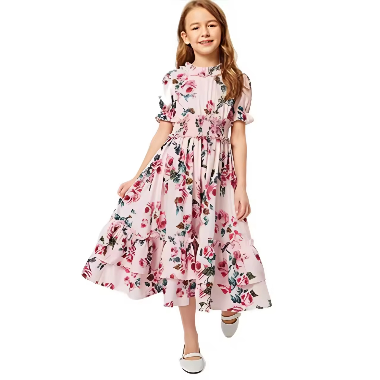 Maxi Dress Young Girl Summer Style Print Flower Ruffle Design Half of Sleeves Customization Collection