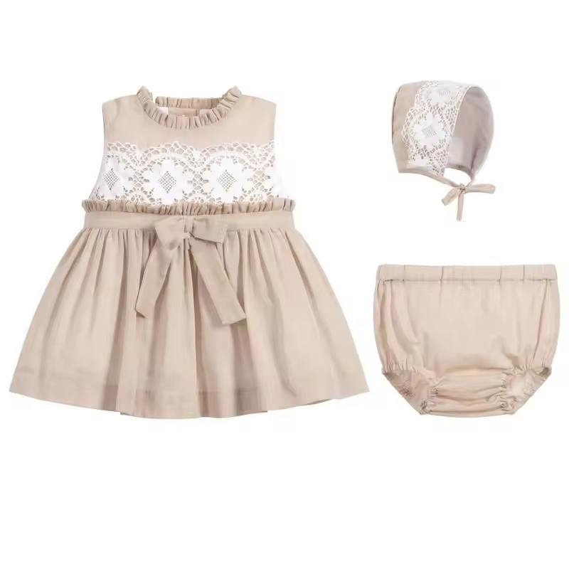 Lovely Lace Design 3 Pcs Baby Girl Dress With Hat and Bloomers 30 Years Custom Made Wholesale Children's Clothing Factory