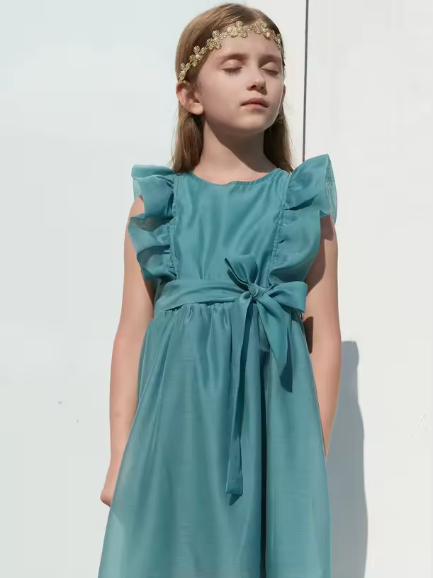 OEM & ODM Stylish Elegant Solid Pattern Dress for Teen Girls with Ruffles Decoration Children's Age Group Manufacturer's Offer