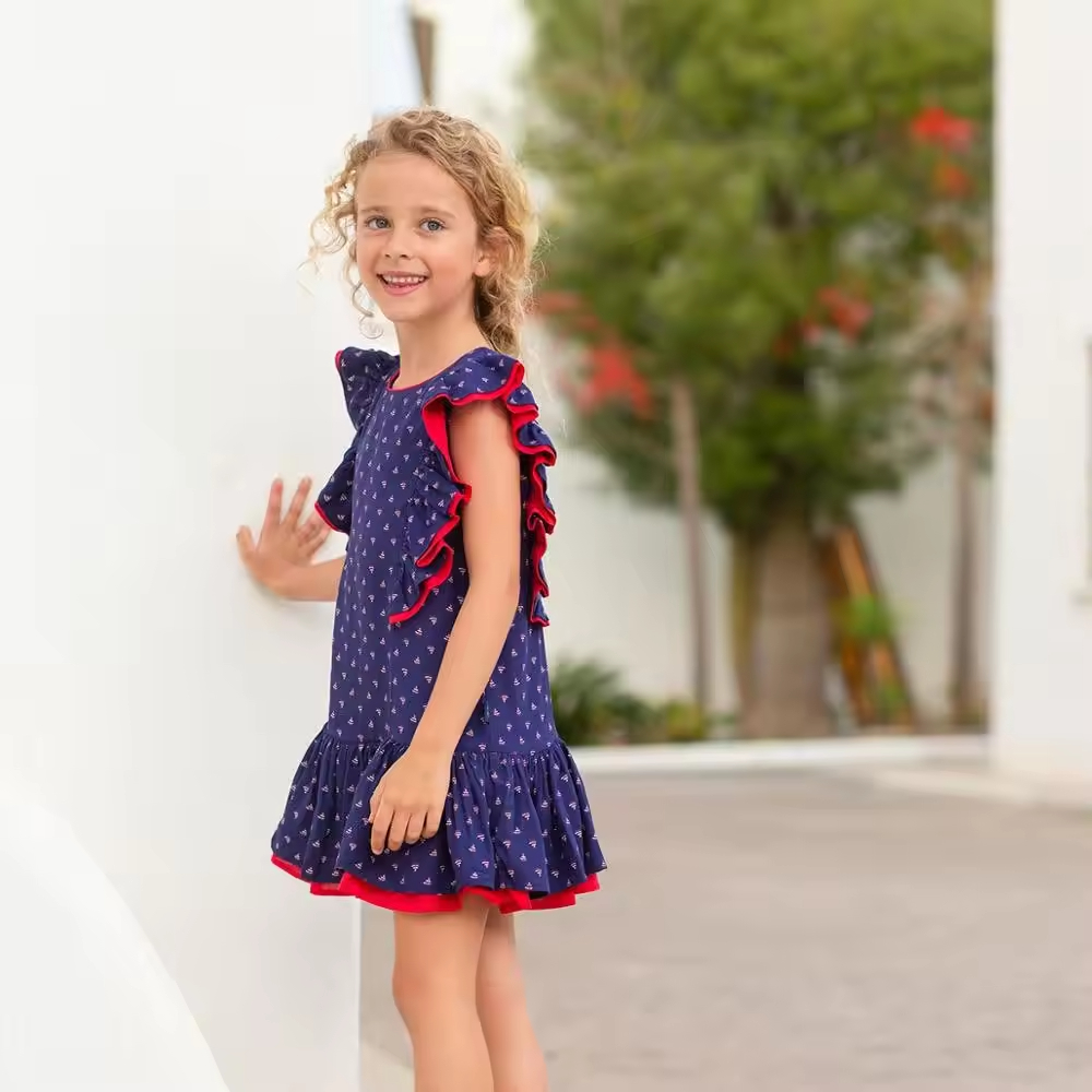 Customized Brand High Quality 100% Cotton O-Neck Woven Ruffles Print Children Clothing for Boys and Girls Summer