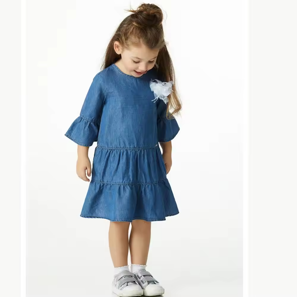 Children's Summer Denim Dress with O-Neck Solid Pattern and Ruffle Detail New Designs for Girls Casual Style Washed Look