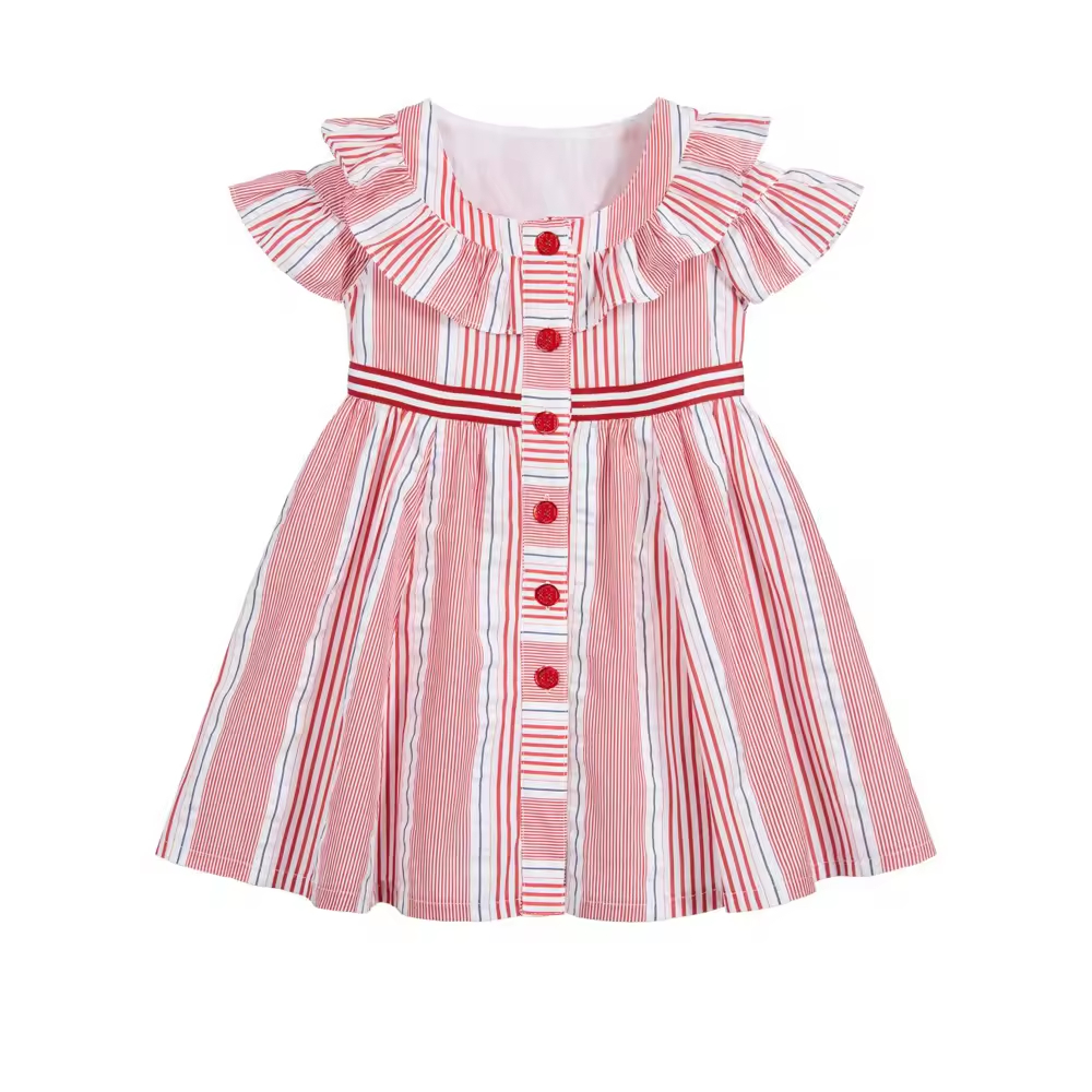 Customized Newest Design Buttons Front Ruffles Collar Dresses Kids Woven Cotton Yarn Dyed pink White Stripes Girl Dress