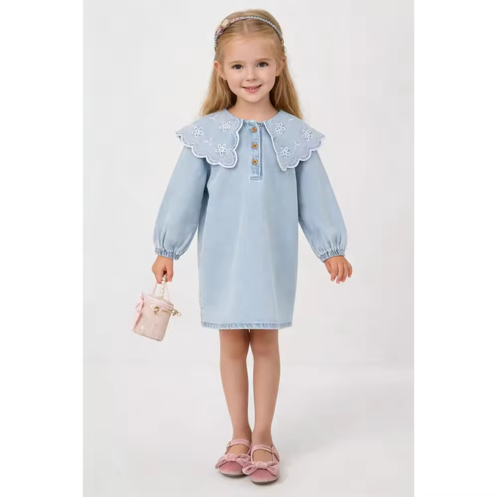 OEM and ODM Customized Kids Embroidered Peter Pan Collar Denim Dress Long Puff Sleeves for Girls Summer Outfit