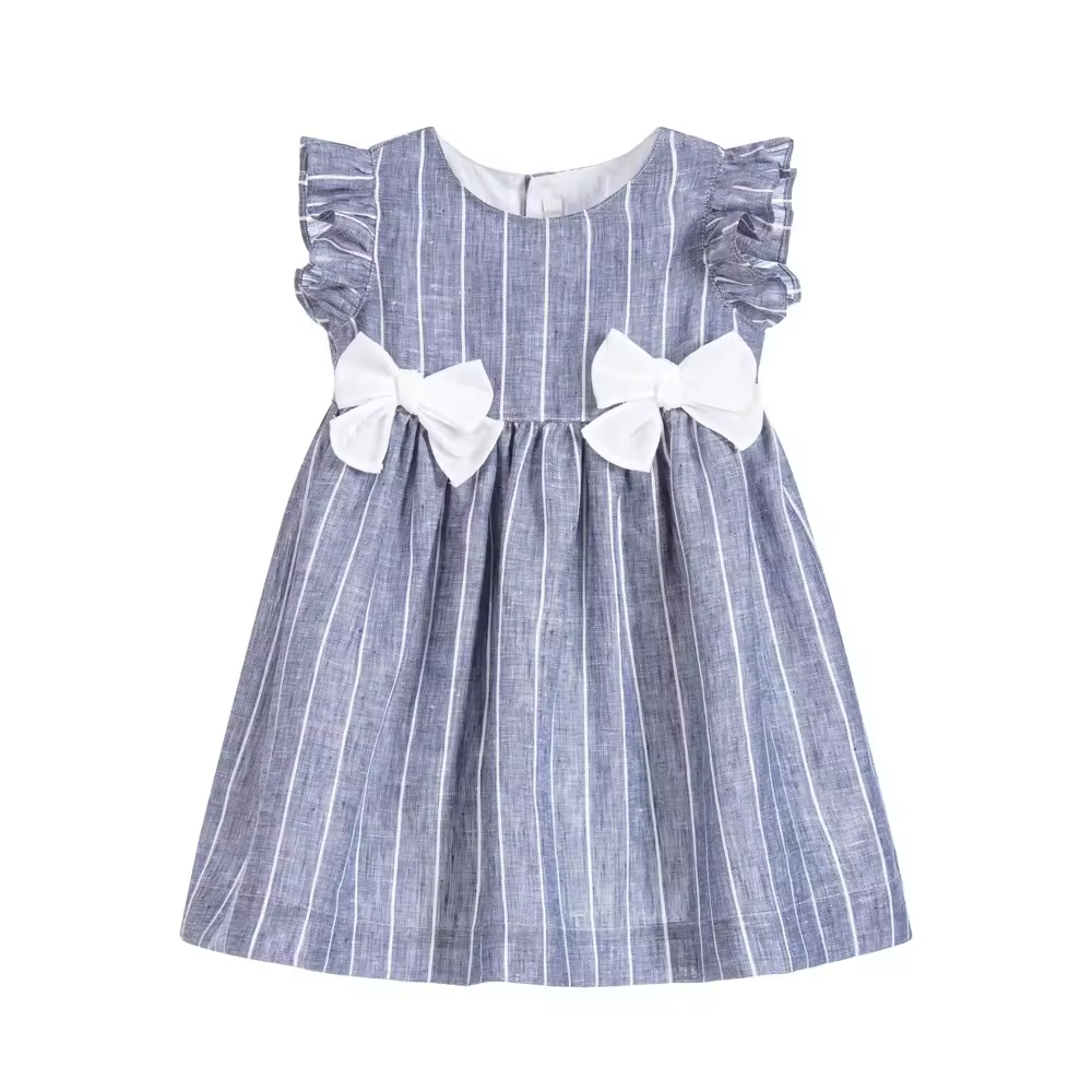 Guangzhou Wholesale Korean Cotton Linen Fashionable Stripes Dress for Baby Girls