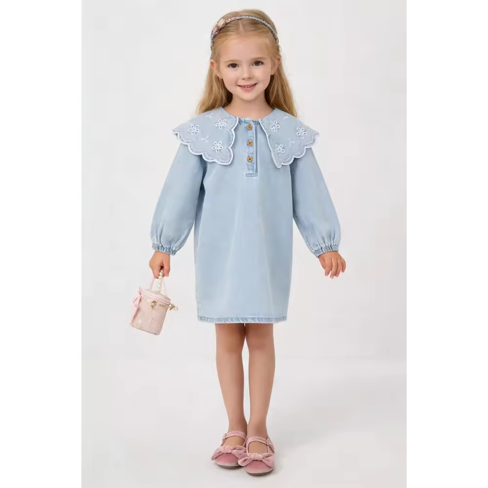 OEM and ODM Customized Kids Embroidered Peter Pan Collar Denim Dress Long Puff Sleeves for Girls Summer Outfit