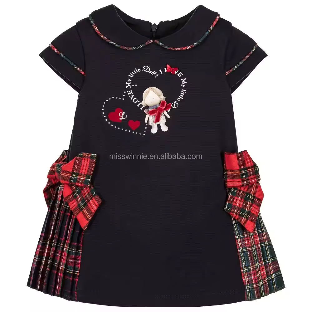 Girls' Tartan Pleat Dress with Peter Pan Collar Bow Decoration Cotton Casual Short Sleeve Style for Summer for Children