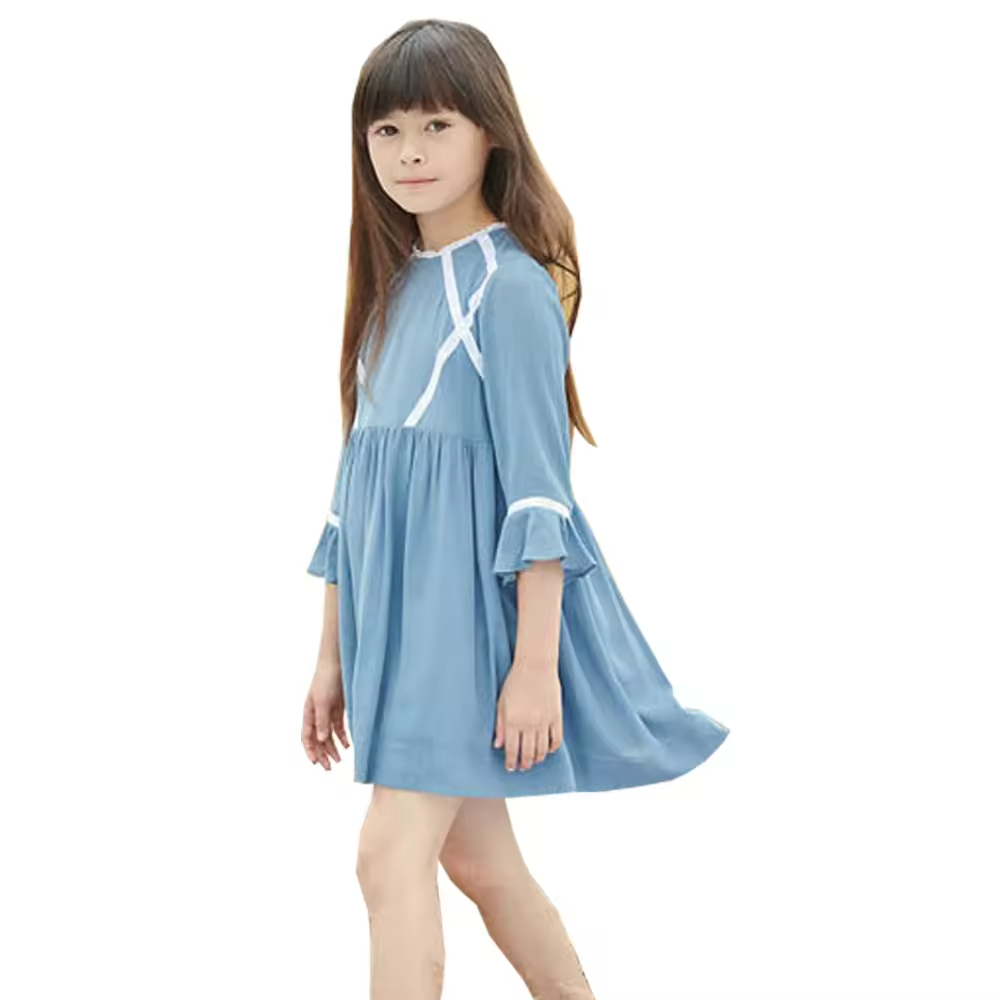 Gaoteng Supplier's Summer Style Girls Dress Satin Chiffon Waist Gathering Cuff Ruffle for Children