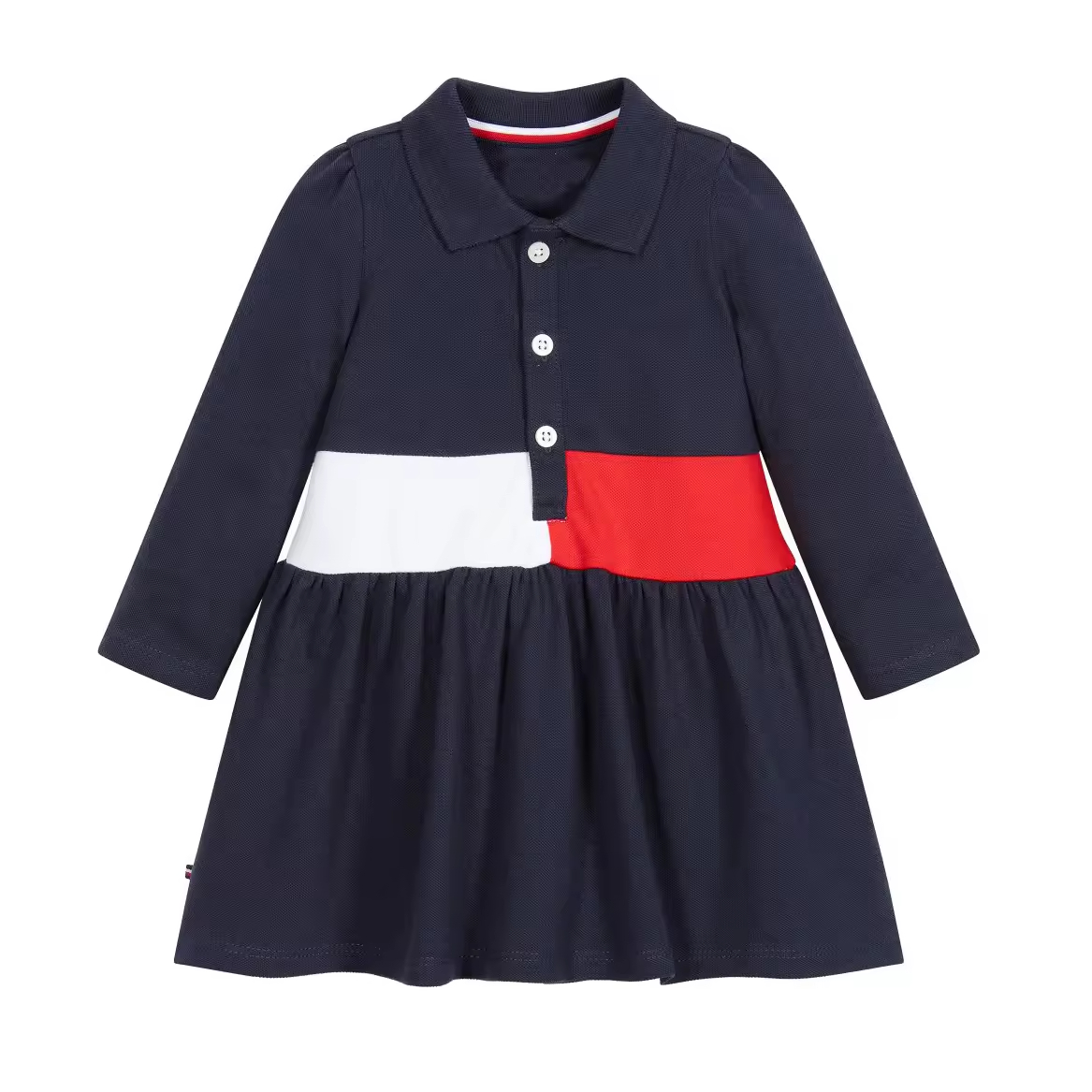 2025 Navy Girls' Polo Style Summer Dress with Button Decoration Solid Pattern Children's Clothing