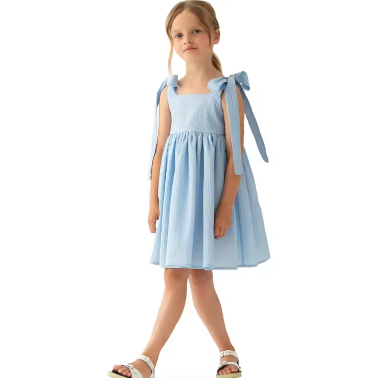 OEM Children's Clothing Manufacturer Fashion Simple Design Black and Sky Blue Color Kids Dresses Sleeveless Party Girl Dress