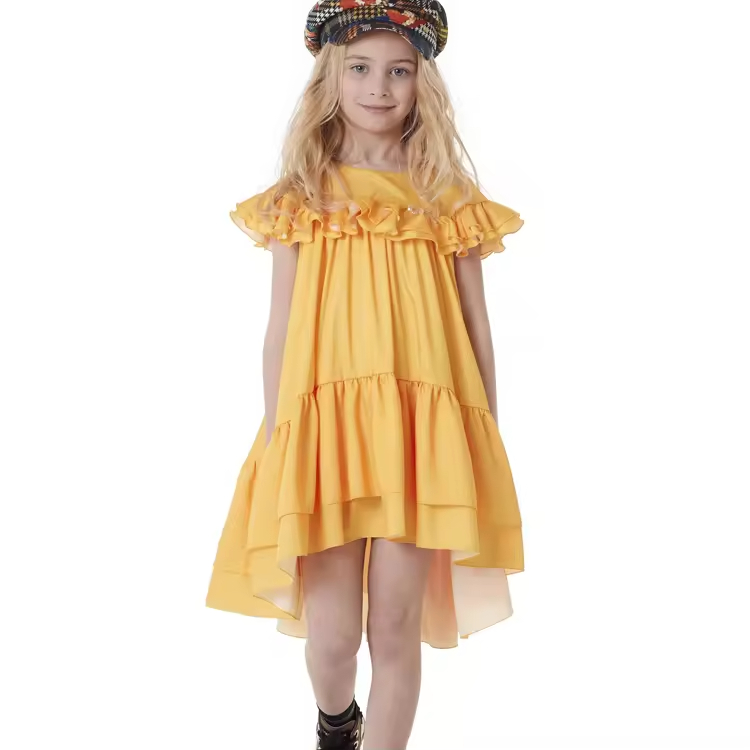 Latest Fashion Design Yellow Color Kids Clothes Girls Dresses Ruffles Elegant Summer Princess Party Girl Dress 2025