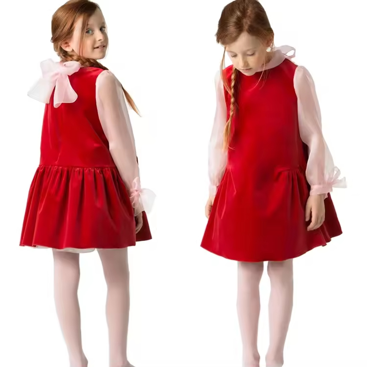 Spring Newest Style Girls Dress Long Mesh Sleeves Design European Style Guangzhou Wholesale