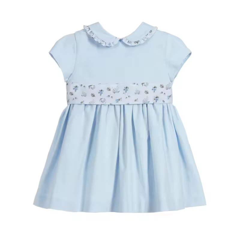 High Quality 100% Cotton Woven Dress for Baby Girls Floral Pattern with Bow Decoration for Spring Season